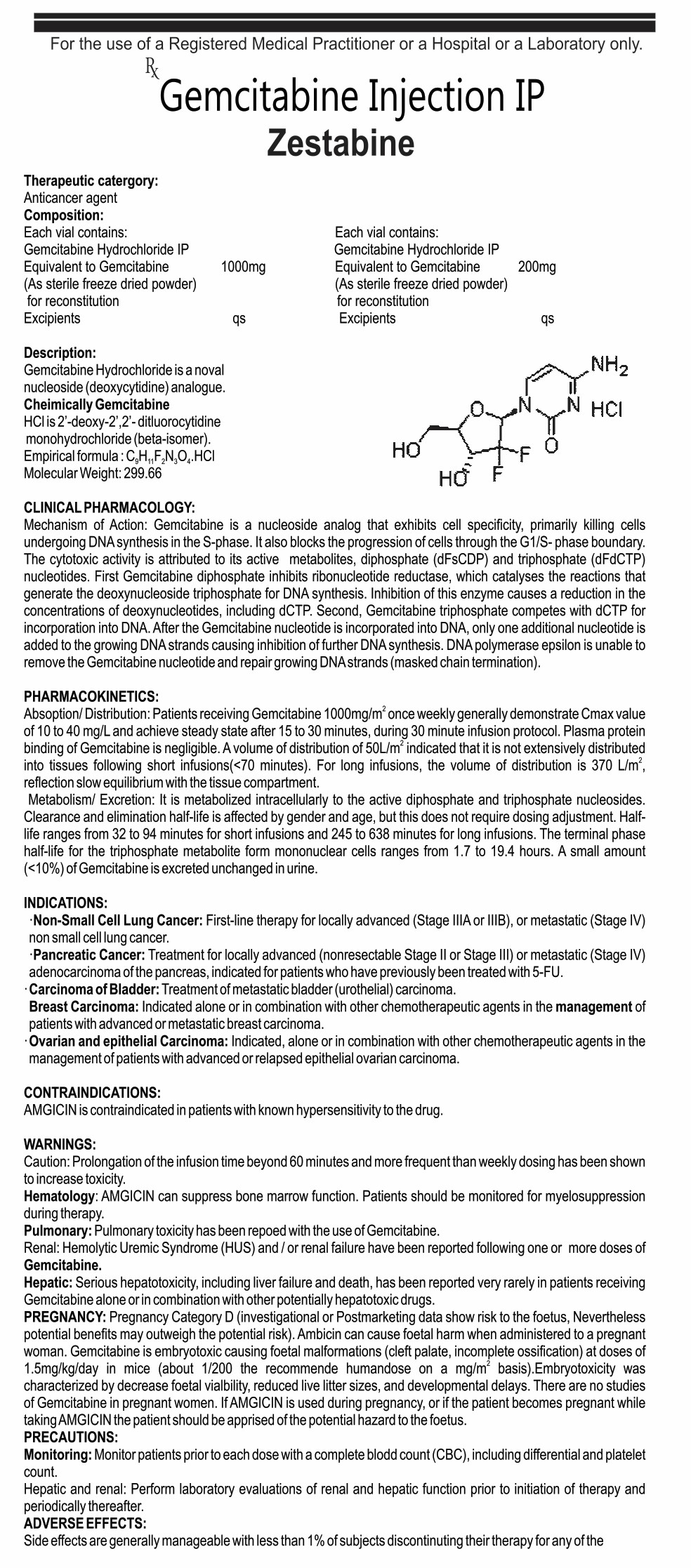 ZESTABINE 1000 MG INJECTION